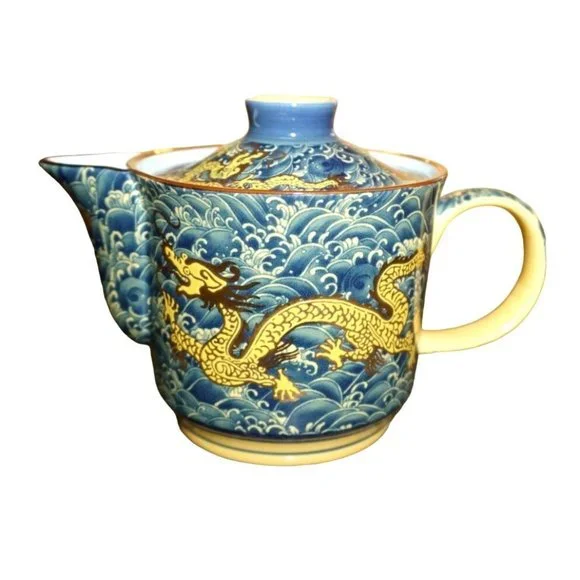 Chinese Golden Dragon Teacup Teapot Blue Red Ball Luck Sea Waves Signed READ - Picture 6 of 16